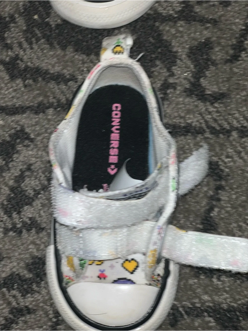 Kids White Canvas Velcro Sneakers with Colorful Pixel Graphics